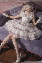 Gothic Lolita Fashion Purple White Ruffle Lace with Bow Cake Dress Princess