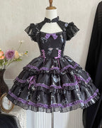 Gothic Lolita Fashion Purple White Ruffle Lace with Bow Cake Dress Princess