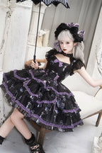 Gothic Lolita Fashion Purple White Ruffle Lace with Bow Cake Dress Princess