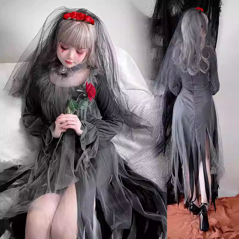 Unleash supernatural elegance in this multi-inspired Halloween costume that merges ghostly bridal aesthetics with undead horror. This gown features tattered lace detailing, blood-stained accents, and ethereal silhouettes that transform you into a haunting vision. Perfect for酒吧派对, theatrical performances, or trick-or-treat events, the dress combines vampire mystique, witch mystery and zombie horror in one unforgettable ensemble. Crafted with premium materials for movement and impact, it includes dramatic sle