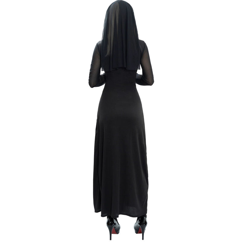 The Gothic Lolita Maria Nun Costume transforms the classic nun attire into a bold gothic statement. Featuring black and white contrast, cross embellishments, and a daring split design, it blends piety with dark allure. Perfect for Halloween parties, cosplay, or stage performances, this outfit creates a dramatic balance of mystique, elegance, and a touch of rebellion.