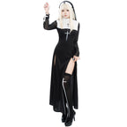 The Gothic Lolita Maria Nun Costume transforms the classic nun attire into a bold gothic statement. Featuring black and white contrast, cross embellishments, and a daring split design, it blends piety with dark allure. Perfect for Halloween parties, cosplay, or stage performances, this outfit creates a dramatic balance of mystique, elegance, and a touch of rebellion.