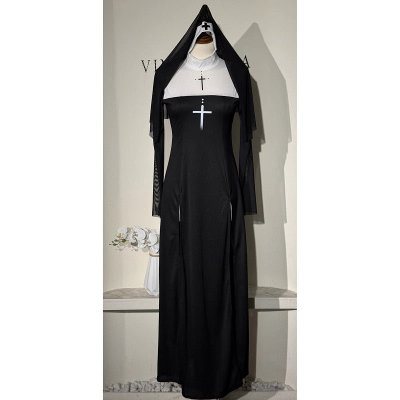 The Gothic Lolita Maria Nun Costume transforms the classic nun attire into a bold gothic statement. Featuring black and white contrast, cross embellishments, and a daring split design, it blends piety with dark allure. Perfect for Halloween parties, cosplay, or stage performances, this outfit creates a dramatic balance of mystique, elegance, and a touch of rebellion.