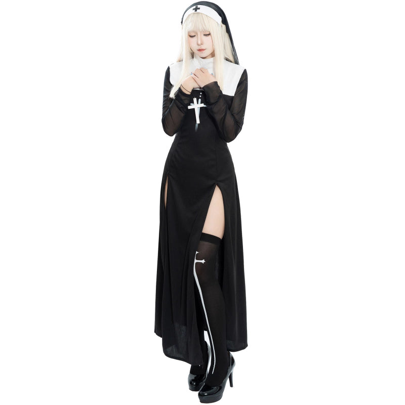 The Gothic Lolita Maria Nun Costume transforms the classic nun attire into a bold gothic statement. Featuring black and white contrast, cross embellishments, and a daring split design, it blends piety with dark allure. Perfect for Halloween parties, cosplay, or stage performances, this outfit creates a dramatic balance of mystique, elegance, and a touch of rebellion.