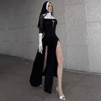 The Gothic Lolita Maria Nun Costume transforms the classic nun attire into a bold gothic statement. Featuring black and white contrast, cross embellishments, and a daring split design, it blends piety with dark allure. Perfect for Halloween parties, cosplay, or stage performances, this outfit creates a dramatic balance of mystique, elegance, and a touch of rebellion.