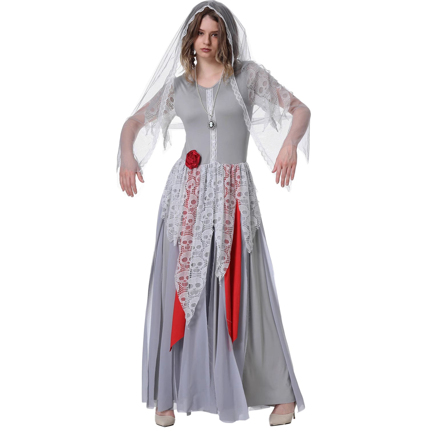 The Gothic Lolita Vampire Ghost Bride Costume blends dark elegance with haunting allure. Featuring flowing layers, gothic lace, and eerie vampire-inspired accents, this dress captures the mysterious charm of a ghost bride. Perfect for Halloween parties, cosplay events, or stage performances, it creates a dramatic and unforgettable look that balances gothic sophistication with spooky fantasy.