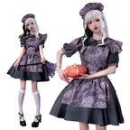 Unleash your inner darkness with this mesmerizing purple vampire maid dress. This gown masterfully blends Gothic Lolita elegance with haunting Halloween aesthetics, featuring a bewitching purple hue that embodies mystical allure. The design incorporates witch-inspired elements with doll-like details, creating a terrifyingly beautiful silhouette perfect for Halloween parties or cosplay events. Delicate lace accents and dramatic tailoring enhance the vampire maid fantasy, making you the center of attention at