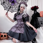 Unleash your inner darkness with this mesmerizing purple vampire maid dress. This gown masterfully blends Gothic Lolita elegance with haunting Halloween aesthetics, featuring a bewitching purple hue that embodies mystical allure. The design incorporates witch-inspired elements with doll-like details, creating a terrifyingly beautiful silhouette perfect for Halloween parties or cosplay events. Delicate lace accents and dramatic tailoring enhance the vampire maid fantasy, making you the center of attention at