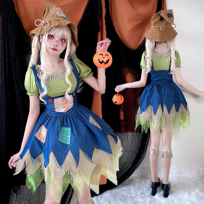 Unleash your Halloween spirit in this versatile costume dress perfect for witches, scarecrows, or clown-themed parties. This dress features a mystical silhouette with tattered accents and playful details that capture the essence of classic Halloween characters. The adjustable design allows for customizable styling with layered skirts and detachable accessories. Made from quality materials with eerie yet elegant detailing, this outfit is perfect for costume parties, trick-or-treat events, or haunted gatherin