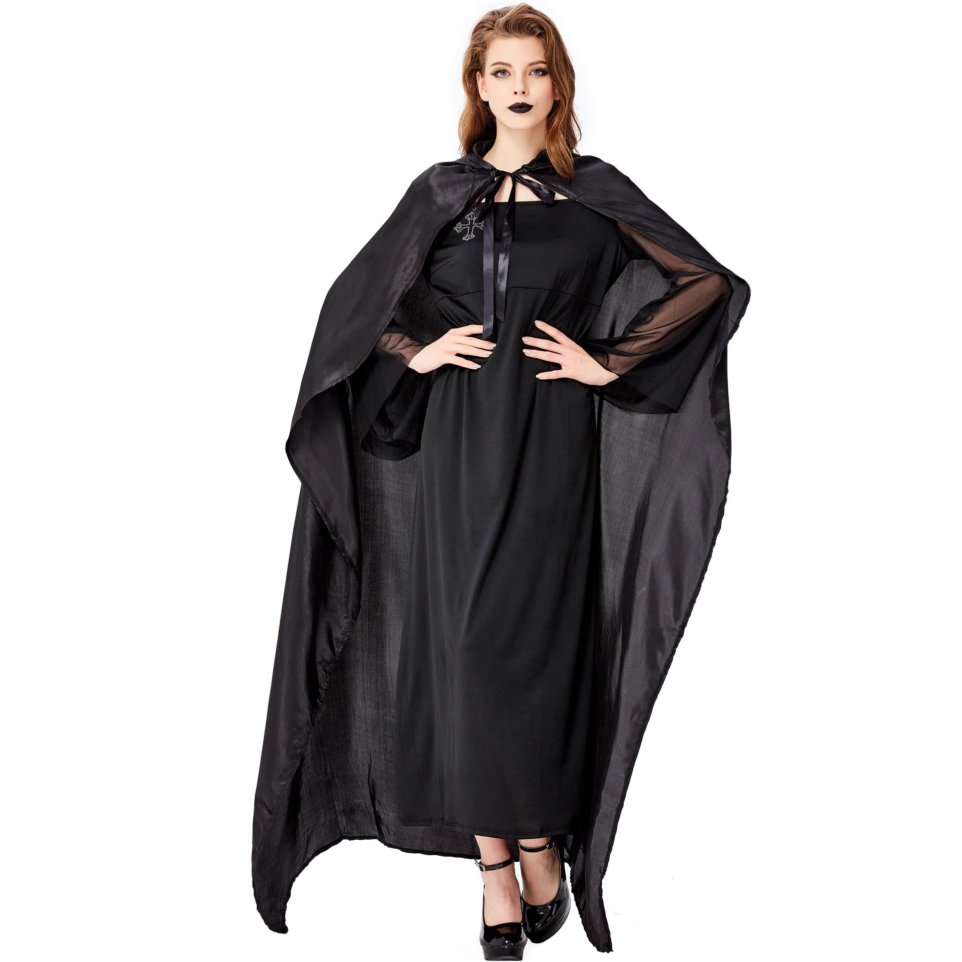 Gothic Lolita Halloween Witch Queen Cloak Costume for Women Vampire Sorceress Stage Dress