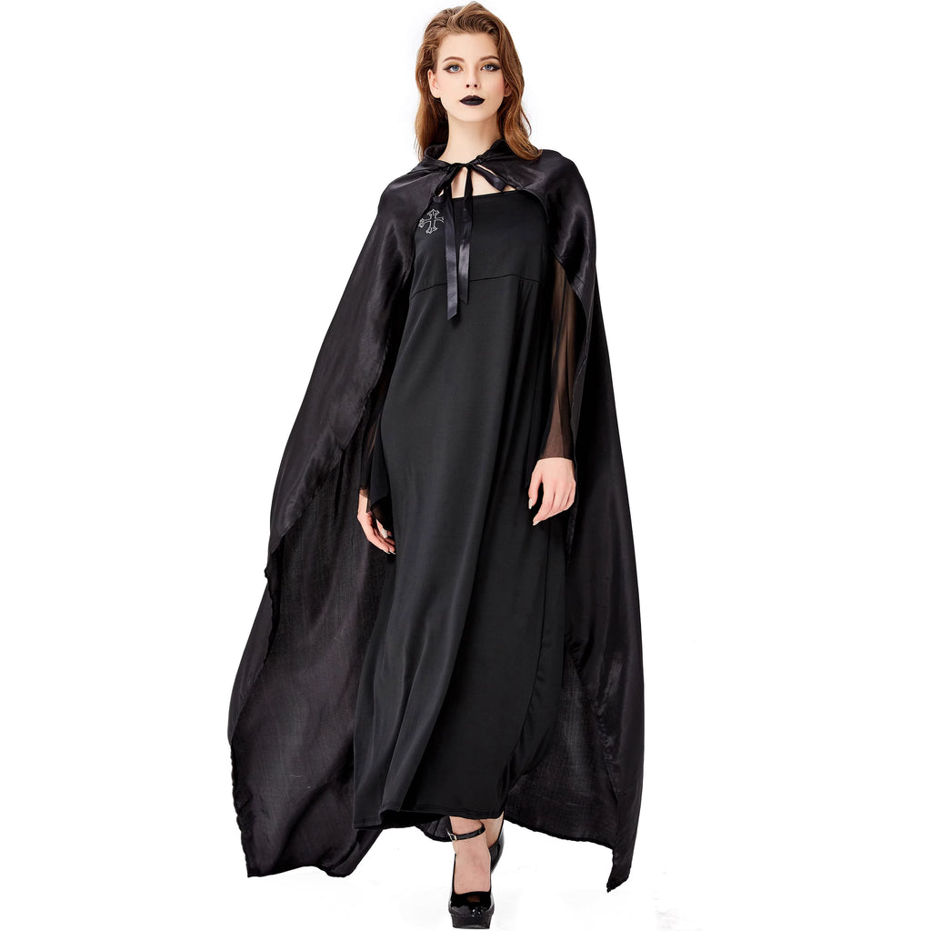 Gothic Lolita Halloween Witch Queen Cloak Costume for Women Vampire Sorceress Stage Dress
