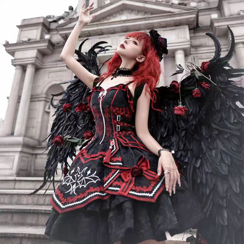 Gothic Lolita JSK Dress Dark Style Black Red Slim Fit Outfit
