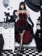 Embrace dark allure in this striking Gothic maid dress, where classic Lolita elegance meets daring contemporary style. The bold red and black color scheme creates a dramatic visual impact, accentuated by intricate lace detailing and a figure-flattering silhouette. This cheeky dress combines traditional maid aesthetics with provocative Lolita elements, perfect for cosplay events or making a bold fashion statement. The sensual cut and Gothic charm create an unforgettable look that balances innocence with unde