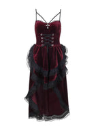 Embrace dark allure in this striking Gothic maid dress, where classic Lolita elegance meets daring contemporary style. The bold red and black color scheme creates a dramatic visual impact, accentuated by intricate lace detailing and a figure-flattering silhouette. This cheeky dress combines traditional maid aesthetics with provocative Lolita elements, perfect for cosplay events or making a bold fashion statement. The sensual cut and Gothic charm create an unforgettable look that balances innocence with unde