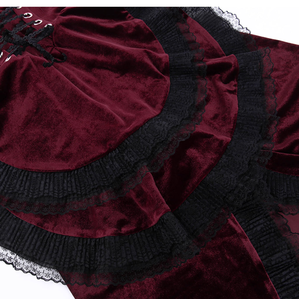 Embrace dark allure in this striking Gothic maid dress, where classic Lolita elegance meets daring contemporary style. The bold red and black color scheme creates a dramatic visual impact, accentuated by intricate lace detailing and a figure-flattering silhouette. This cheeky dress combines traditional maid aesthetics with provocative Lolita elements, perfect for cosplay events or making a bold fashion statement. The sensual cut and Gothic charm create an unforgettable look that balances innocence with unde