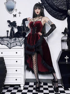 Embrace dark allure in this striking Gothic maid dress, where classic Lolita elegance meets daring contemporary style. The bold red and black color scheme creates a dramatic visual impact, accentuated by intricate lace detailing and a figure-flattering silhouette. This cheeky dress combines traditional maid aesthetics with provocative Lolita elements, perfect for cosplay events or making a bold fashion statement. The sensual cut and Gothic charm create an unforgettable look that balances innocence with unde