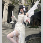 Embrace dark matrimony in this hauntingly beautiful ghost bride gown. This Gothic masterpiece combines sacred nun aesthetics with spectral bridal elegance, featuring an dramatic asymmetrical lace design and a sweeping train. The figure-hugging silhouette enhances your form while intricate lace detailing creates an ethereal, otherworldly presence. Perfect for Halloween, cosplay events, or dark fantasy photoshoots, this dress whispers tales of eternal vows and unforgettable theatrical allure.