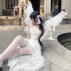 Embrace dark matrimony in this hauntingly beautiful ghost bride gown. This Gothic masterpiece combines sacred nun aesthetics with spectral bridal elegance, featuring an dramatic asymmetrical lace design and a sweeping train. The figure-hugging silhouette enhances your form while intricate lace detailing creates an ethereal, otherworldly presence. Perfect for Halloween, cosplay events, or dark fantasy photoshoots, this dress whispers tales of eternal vows and unforgettable theatrical allure.