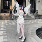 Embrace dark matrimony in this hauntingly beautiful ghost bride gown. This Gothic masterpiece combines sacred nun aesthetics with spectral bridal elegance, featuring an dramatic asymmetrical lace design and a sweeping train. The figure-hugging silhouette enhances your form while intricate lace detailing creates an ethereal, otherworldly presence. Perfect for Halloween, cosplay events, or dark fantasy photoshoots, this dress whispers tales of eternal vows and unforgettable theatrical allure.