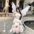 Embrace dark matrimony in this hauntingly beautiful ghost bride gown. This Gothic masterpiece combines sacred nun aesthetics with spectral bridal elegance, featuring an dramatic asymmetrical lace design and a sweeping train. The figure-hugging silhouette enhances your form while intricate lace detailing creates an ethereal, otherworldly presence. Perfect for Halloween, cosplay events, or dark fantasy photoshoots, this dress whispers tales of eternal vows and unforgettable theatrical allure.