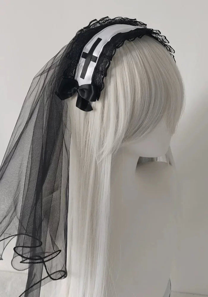 Gothic Lolita Nun Veil Black and White Cross Halloween Headwear and Accessories