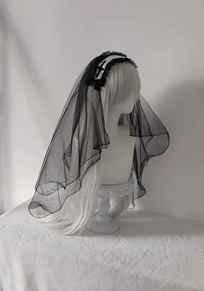 Gothic Lolita Nun Veil Black and White Cross Halloween Headwear and Accessories