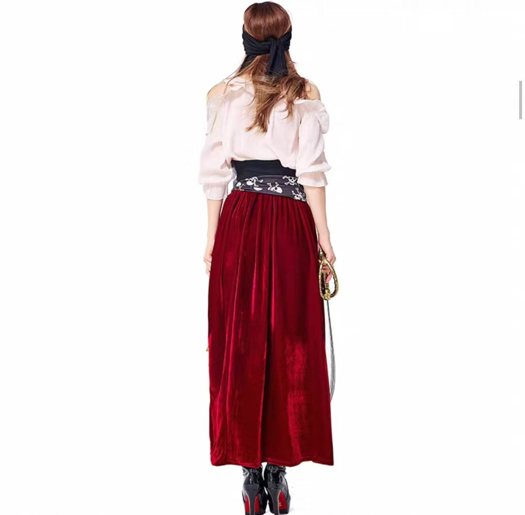 Gothic Lolita Pirate Red Costume Set for Women Halloween Caribbean Sea Cosplay Outfit