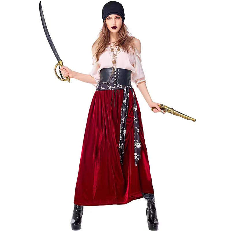Gothic Lolita Pirate Red Costume Set for Women Halloween Caribbean Sea Cosplay Outfit