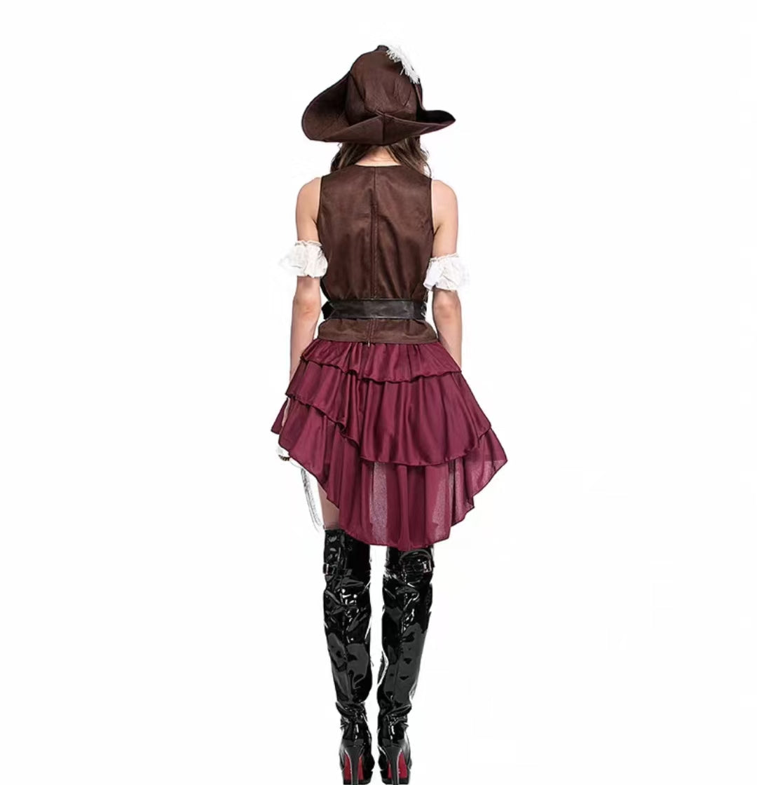 Gothic Lolita Pirate Red Costume Set for Women Halloween Caribbean Sea Cosplay Outfit