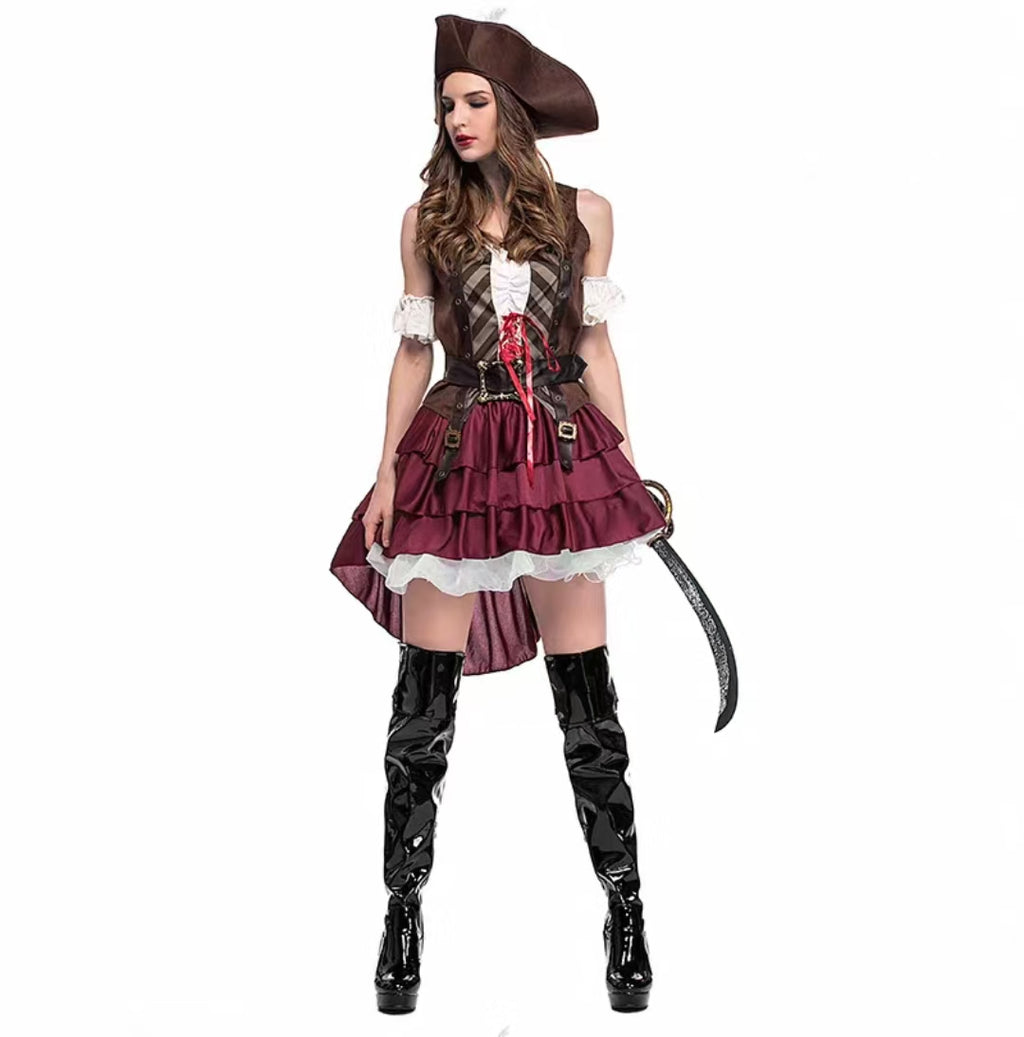 Gothic Lolita Pirate Red Costume Set for Women Halloween Caribbean Sea Cosplay Outfit