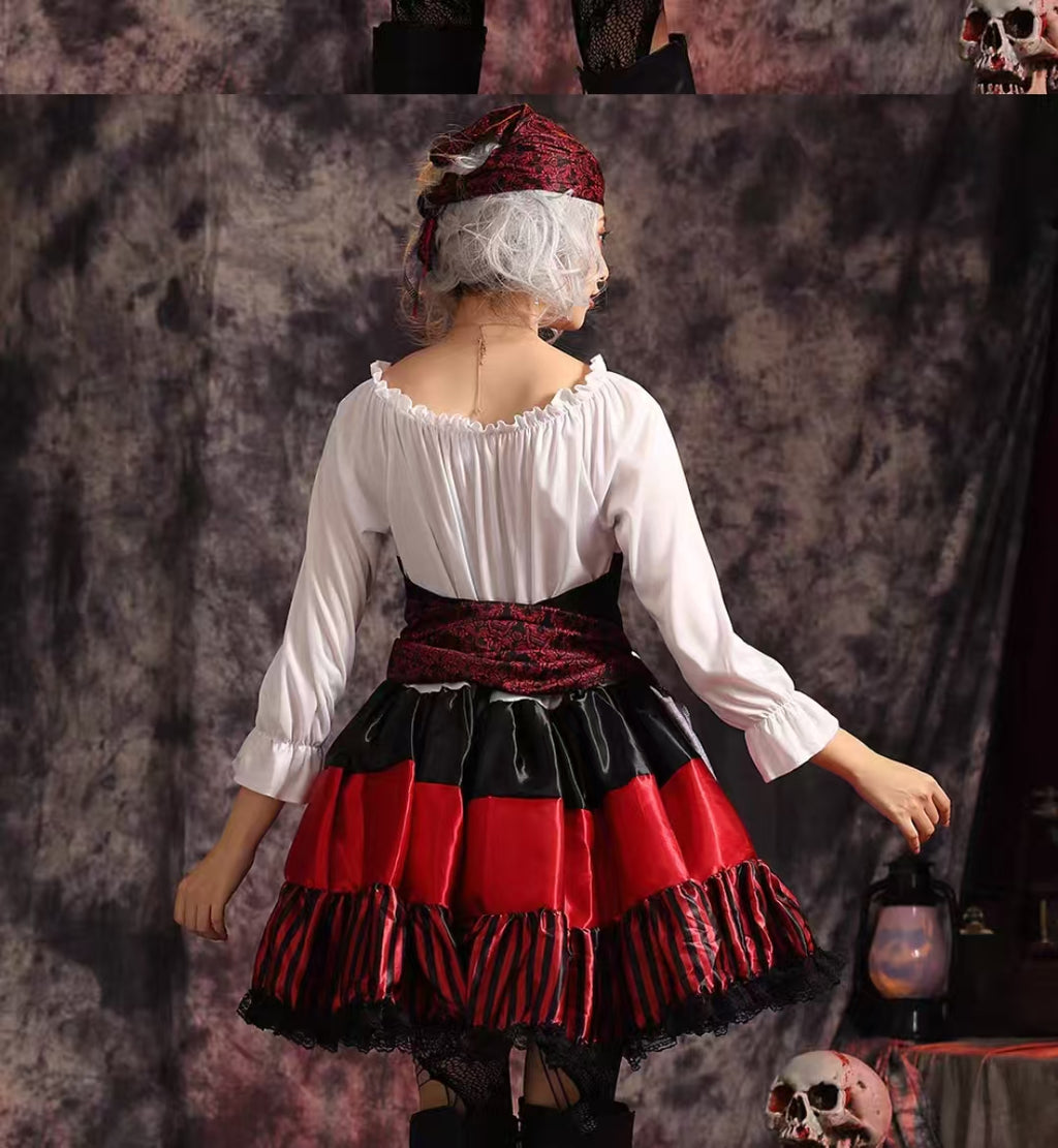 Gothic Lolita Pirate Red Costume Set for Women Halloween Caribbean Sea Cosplay Outfit