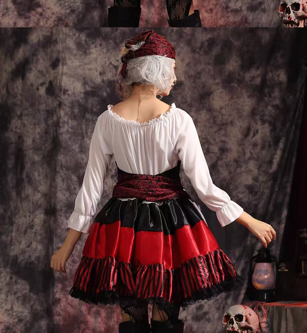 Gothic Lolita Pirate Red Costume Set for Women Halloween Caribbean Sea Cosplay Outfit