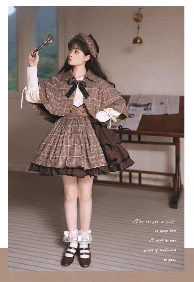 Gothic Lolita Brown Punk Strap SK Skirt Original Detective Side Opening British Outfit