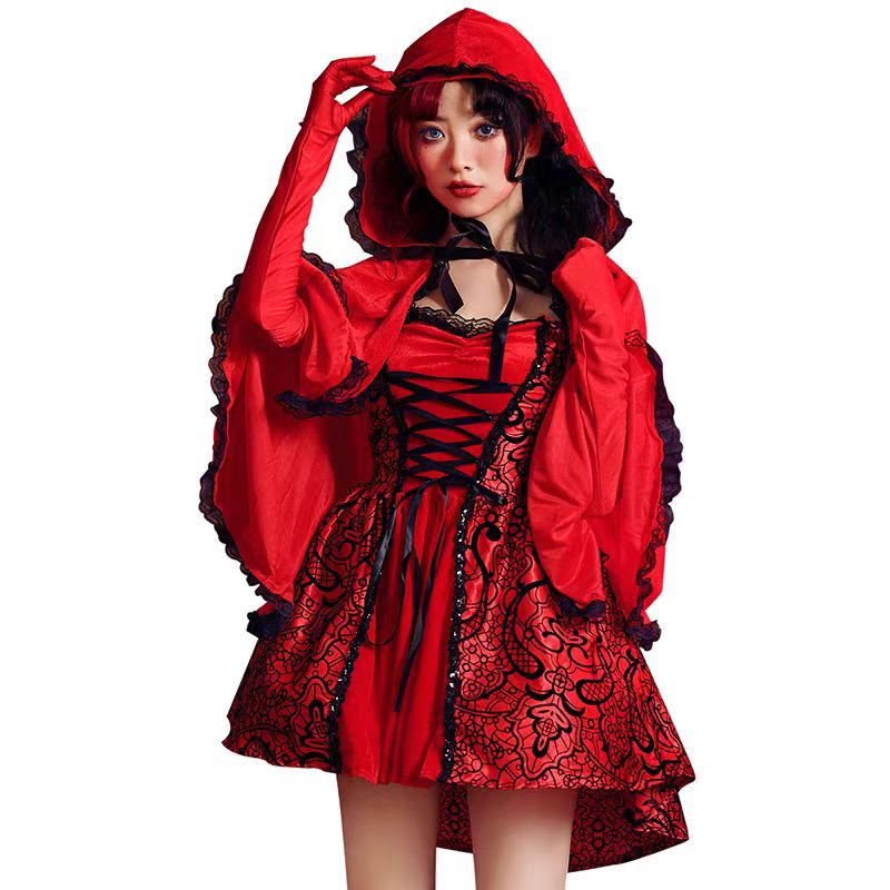 Gothic Lolita Red Riding Hood Costume for Women Halloween Fairy Tale Queen Cosplay Dress