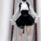 Gothic Lolita Set Black White Ruffled Blouse with Vest Layer Short Elegant Skirt