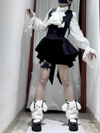 Gothic Lolita Set Black White Ruffled Blouse with Vest Layer Short Elegant Skirt