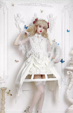 Design Concept:
This Gothic Lolita set in black and white features a pointed shell blouse with fake collar, brooch, and decorative chain, combining dark elegance with a refined subcultural aesthetic. Perfect for daily wear, tea parties, or themed gatherings, this set offers a polished Lolita look with intricate detailing.