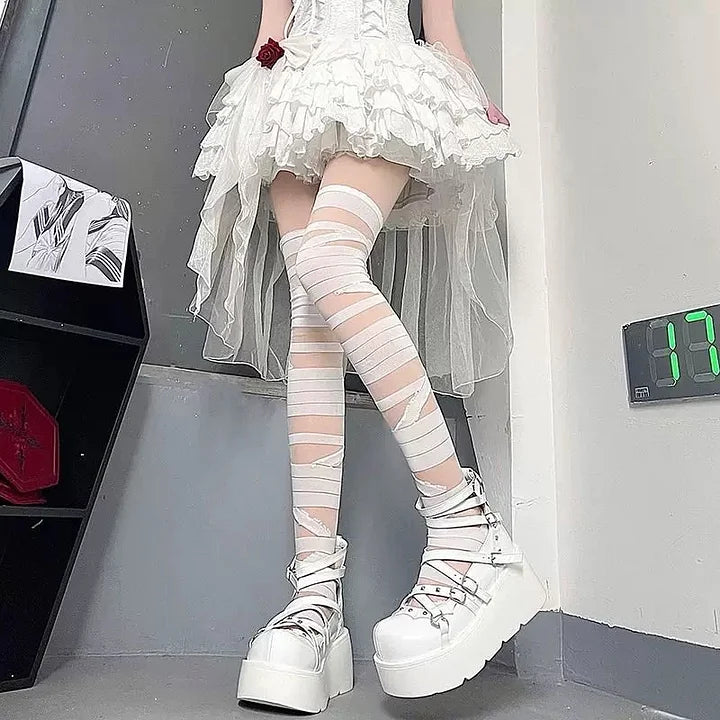 Gothic Lolita Stockings Y2K Cross Bandage Tights Hot Girls Socks Lolita Accessories