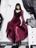 Embrace the night in this captivating vampire-inspired mermaid gown. This dress merges dark Gothic elegance with sensual sophistication, featuring a striking blood-red color scheme and intricate lace paneling. The figure-hugging mermaid silhouette accentuates your curves while the dramatic train adds royal vampiric grandeur. Perfect for Halloween parties, cosplay events, or romantic Gothic gatherings, this dress combines luxury craftsmanship with fantasy allure. Delicate lace details and a daring neckline c