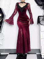 Embrace the night in this captivating vampire-inspired mermaid gown. This dress merges dark Gothic elegance with sensual sophistication, featuring a striking blood-red color scheme and intricate lace paneling. The figure-hugging mermaid silhouette accentuates your curves while the dramatic train adds royal vampiric grandeur. Perfect for Halloween parties, cosplay events, or romantic Gothic gatherings, this dress combines luxury craftsmanship with fantasy allure. Delicate lace details and a daring neckline c