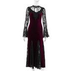 Embrace the night in this captivating vampire-inspired mermaid gown. This dress merges dark Gothic elegance with sensual sophistication, featuring a striking blood-red color scheme and intricate lace paneling. The figure-hugging mermaid silhouette accentuates your curves while the dramatic train adds royal vampiric grandeur. Perfect for Halloween parties, cosplay events, or romantic Gothic gatherings, this dress combines luxury craftsmanship with fantasy allure. Delicate lace details and a daring neckline c