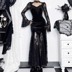 Embrace the night in this captivating vampire-inspired mermaid gown. This dress merges dark Gothic elegance with sensual sophistication, featuring a striking blood-red color scheme and intricate lace paneling. The figure-hugging mermaid silhouette accentuates your curves while the dramatic train adds royal vampiric grandeur. Perfect for Halloween parties, cosplay events, or romantic Gothic gatherings, this dress combines luxury craftsmanship with fantasy allure. Delicate lace details and a daring neckline c