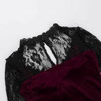 Embrace the night in this captivating vampire-inspired mermaid gown. This dress merges dark Gothic elegance with sensual sophistication, featuring a striking blood-red color scheme and intricate lace paneling. The figure-hugging mermaid silhouette accentuates your curves while the dramatic train adds royal vampiric grandeur. Perfect for Halloween parties, cosplay events, or romantic Gothic gatherings, this dress combines luxury craftsmanship with fantasy allure. Delicate lace details and a daring neckline c