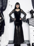 Embrace the night in this captivating vampire-inspired mermaid gown. This dress merges dark Gothic elegance with sensual sophistication, featuring a striking blood-red color scheme and intricate lace paneling. The figure-hugging mermaid silhouette accentuates your curves while the dramatic train adds royal vampiric grandeur. Perfect for Halloween parties, cosplay events, or romantic Gothic gatherings, this dress combines luxury craftsmanship with fantasy allure. Delicate lace details and a daring neckline c
