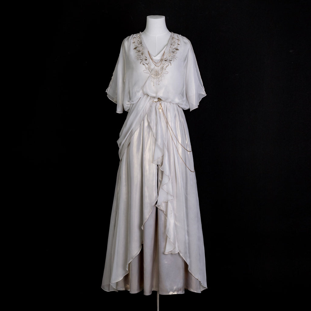 This White Angelic Greek Goddess Lolita Dress Set is designed to capture divine elegance and ethereal charm. The flowing cape adds a goddess-like aura, while the soft white palette enhances purity and grace. Inspired by Greek mythology and angelic beauty, the silhouette blends classic Lolita sweetness with majestic refinement. Perfect for special occasions, photoshoots, or themed gatherings, this set conveys a timeless elegance that feels both celestial and romantic.
