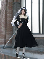 Gothic Nun Style Black Long-sleeved Dress Elegant Lolita Dress Autumn