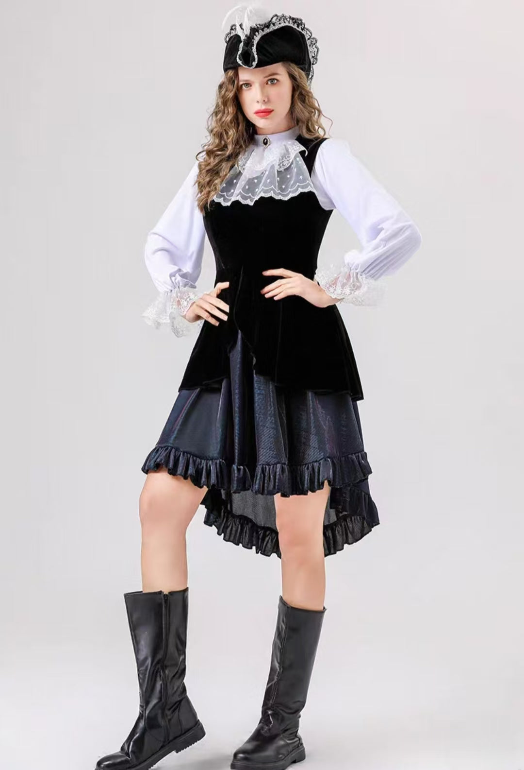 Gothic Pirate Red and black Queen Costume for Women Plus Size Halloween Caribbean Cosplay Outfit