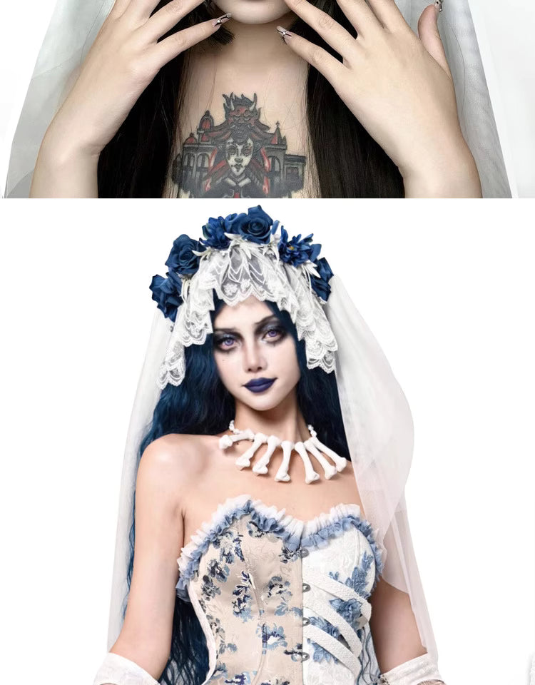 This veil is a masterpiece of subculture storytelling, blending macabre romance with industrial punk aesthetics. Intricate lace forms a decaying, beautiful base, while stark, industrial-style elements clash with soft, tattered edges. The centerpiece is a bold arrangement of black roses, symbolizing love in eternity. Designed for the fearless individual, it transcends convention for photoshoots, alternative weddings, and Halloween, embodying a beauty that is both dark and profoundly romantic.