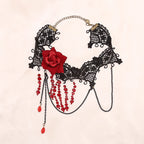 This gothic vampire Lolita choker is designed with lace, roses, and delicate tassels for a dramatic Halloween look. The striking blood drop pendant adds mystery and dark romance, while the vintage details highlight Lolita elegance. Perfect for cosplay, themed parties, or alternative fashion styling, this accessory captures the essence of gothic beauty with a hauntingly alluring charm.