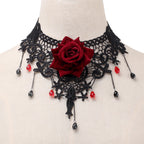 This gothic vampire Lolita choker is designed with lace, roses, and delicate tassels for a dramatic Halloween look. The striking blood drop pendant adds mystery and dark romance, while the vintage details highlight Lolita elegance. Perfect for cosplay, themed parties, or alternative fashion styling, this accessory captures the essence of gothic beauty with a hauntingly alluring charm.